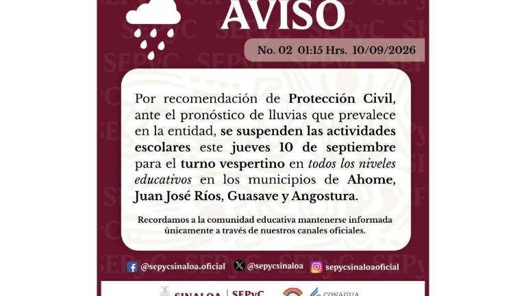 Aviso de la SEPyC sobre la suspensión de clases en cuatro municipios debido a las lluvias.