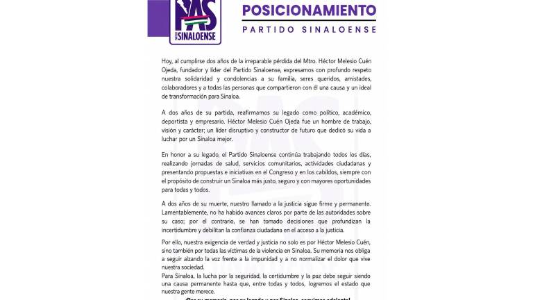 Posicionamiento del Partido Sinaloense a dos años del asesinato de su fundador, Héctor Melesio Cuén Ojeda.