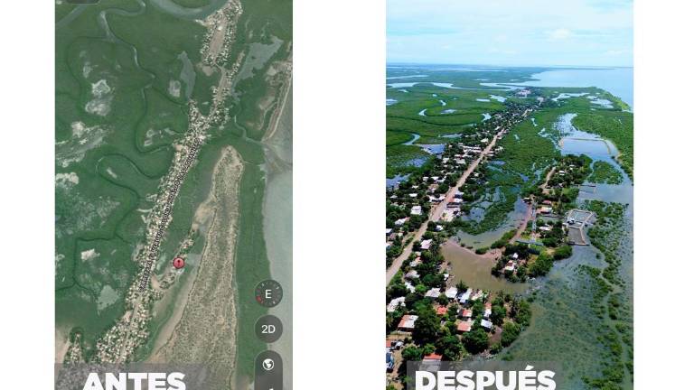 Comparación de la zona de Las Aguamitas antes de las inundaciones y con las inundaciones recientes.
