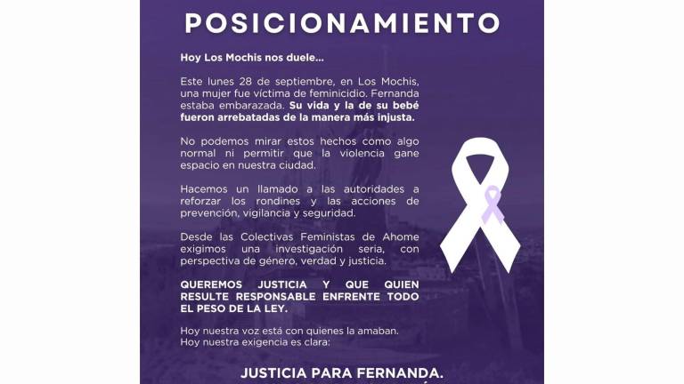 Colectivas feministas de Ahome exigen justicia por Fernanda, la mujer asesinada el lunes en Los Mochis.