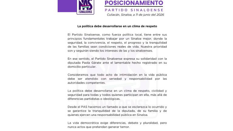 Posicionamiento del Partido Sinaloense ante las amenazas contra la Diputada local Paola Gárate.