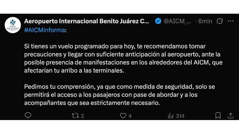 El Aeropuerto Internacional de la Ciudad de México alerta a usuarios ante posibles protestas.