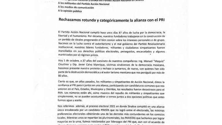 Parte del mensaje en el que panistas de Rosario rechazan que el PAN se alíe con el PRI para el próximo proceso electoral.