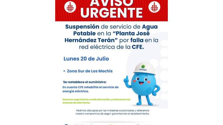 Anuncio de la Junta de Agua Potable de Ahome sobre la suspensión del servicio de agua potable.