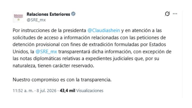 Comunicado de la Secretaría de Relaciones Exteriores sobre las comunicaciones en torno al caso de Rubén Rocha Moya con Estados Unidos.