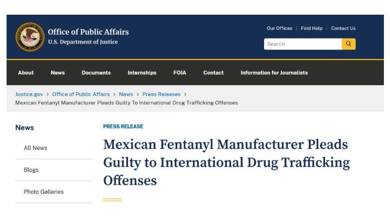 Un productor de fentanilo originario de Sinaloa se declara culpable ante la Corte de Estados Unidos.