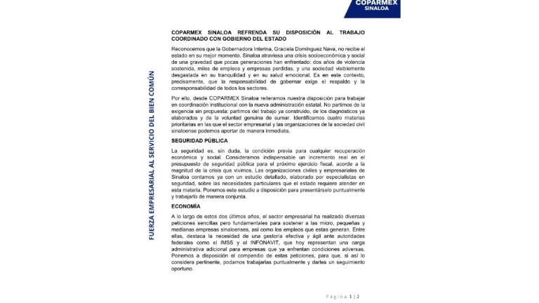 Posicionamiento de Coparmex ante la llegada de Graciela Domínguez Nava al Gobierno de Sinaloa.