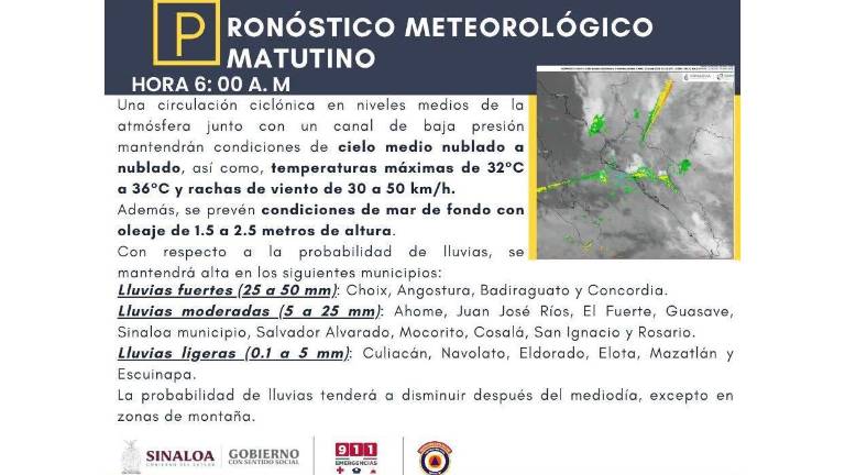 Condiciones del clima previstas para este lunes en Sinaloa.