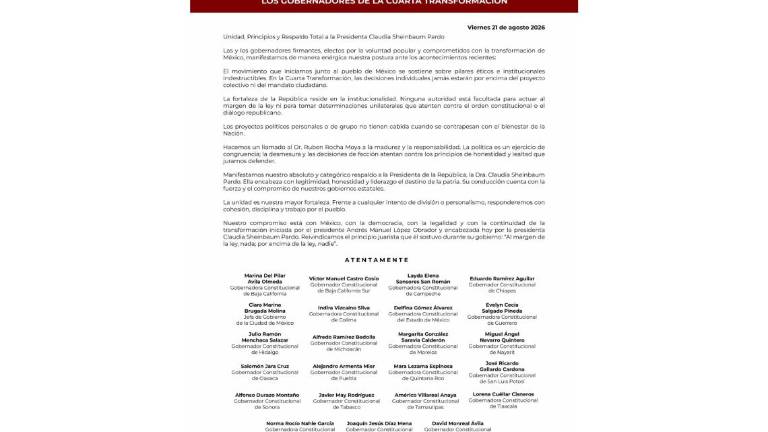 Posicionamiento de los gobernadores de la Cuarta Transformación sobre el regreso de Rubén Rocha Moya a la Gubernatura de Sinaloa.