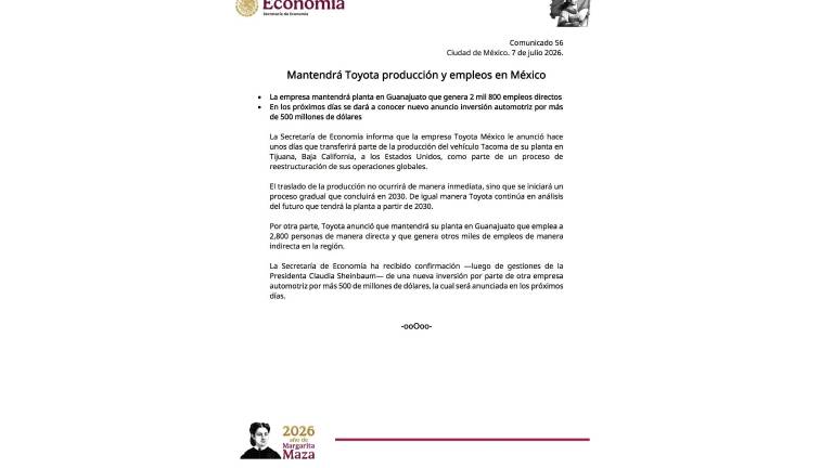 Comunicado del Gobierno de México sobre la operación de la planta de Toyota.
