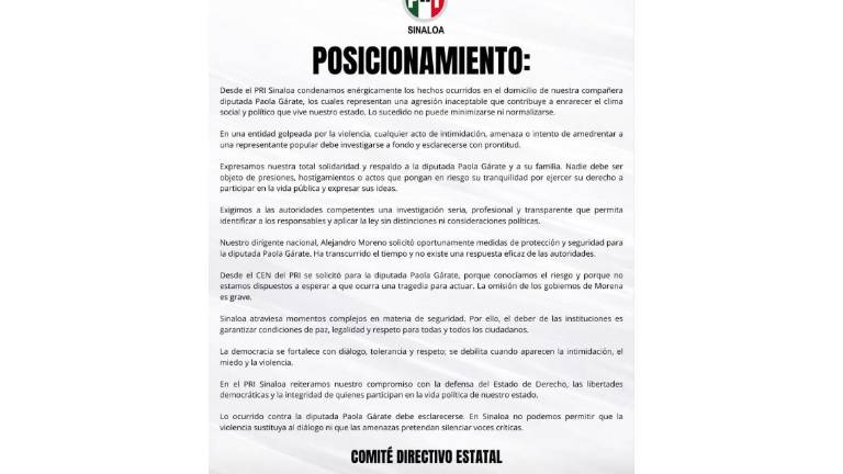 Posicionamiento del PRI Sinaloa contra lo que consideran una agresión hacia la Diputada local Paola Gárate.