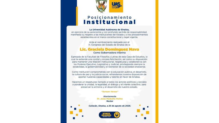 Mensaje de la Universidad Autónoma de Sinaloa con el que felicita a Graciela Domínguez Nava tras su designación como Gobernadora del Estado.