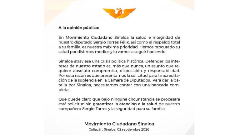 El partido justificó la solicitud de suplencia al señalar que Sinaloa atraviesa una crisis política histórica.