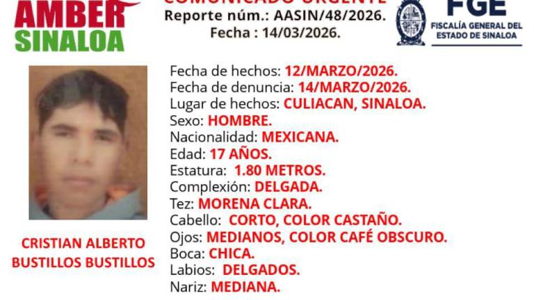 La Fiscalía de Sinaloa activó una Alerta Amber para localizar al adolescente Cristian Alberto Bustillos Bustillos, desaparecido el jueves pasado en Culiacán.
