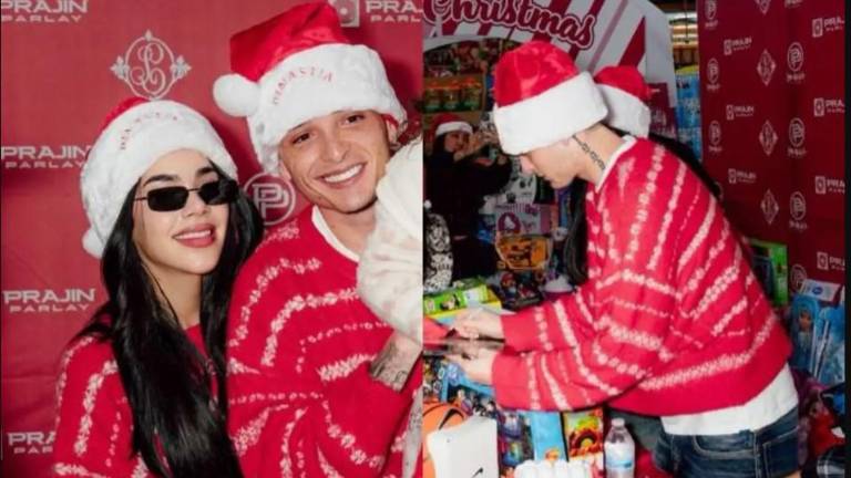 La sinaloense Kenia Os y Peso Pluma sorprenden otorgando regalos.