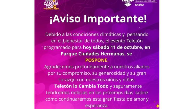 El CRIT Sinaloa anunció la suspensión del evento Teletón 2025 en Mazatlán por las condiciones del clima y agradeció el apoyo de voluntarios y participantes.