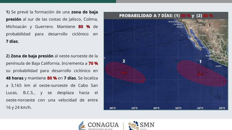 Zonas de vigilancia en el Pacífico mexicano, con potenciales de formación de nuevos ciclones.