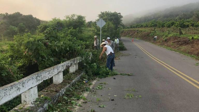 Vecinos de Cacalotán se suman a los trabajos de limpieza de la carretera a Cacalotán.