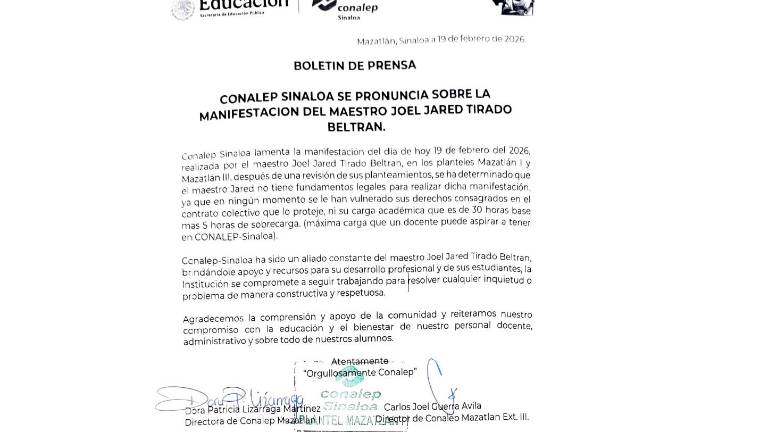 Tras la protesta del profesor Joel Jared Tirado, Conalep Sinaloa respondió que no se han vulnerado sus derechos y reiteró su disposición al diálogo.