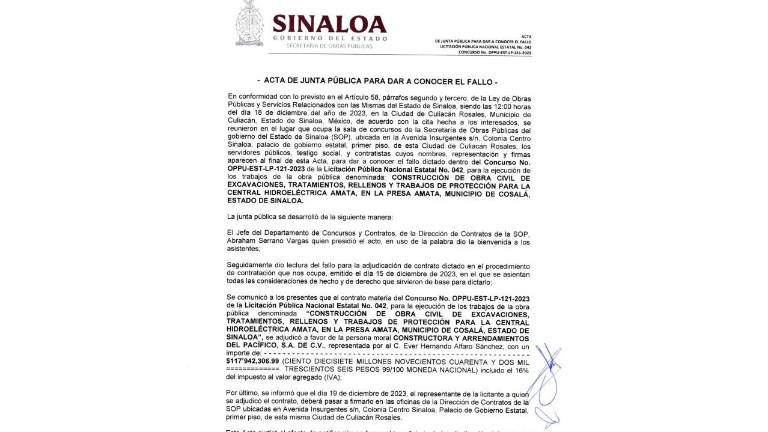 Autoriza Gobierno obras por $567 millones en Presa Reguladora Amata, en Cosalá