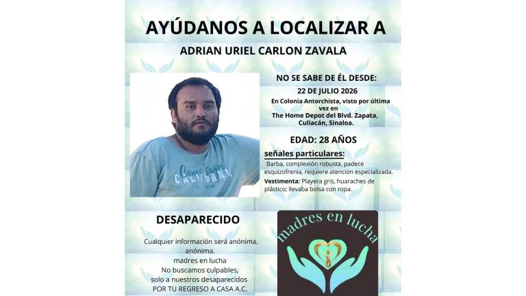De acuerdo al colectivo Madres en Lucha por tu Regreso a Casa, Adrián Uriel padece esquizofrenia y requiere atención especializada.