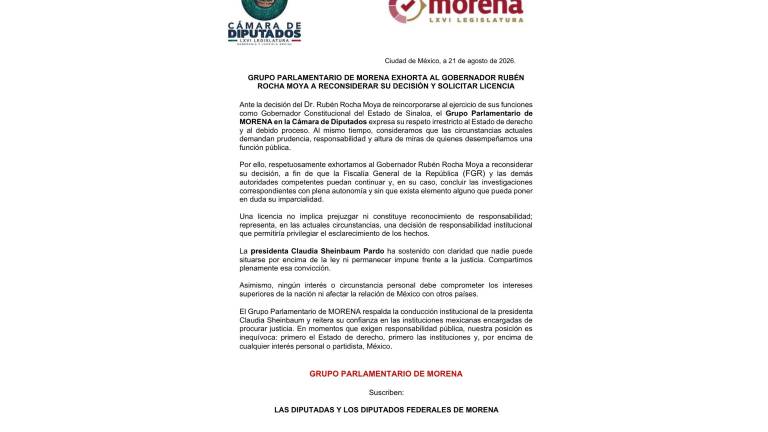 El Grupo Parlamentario de Morena en la Cámara de Diputados llamó a Rubén Rocha Moya a reconsiderar su regreso a la Gubernatura de Sinaloa.