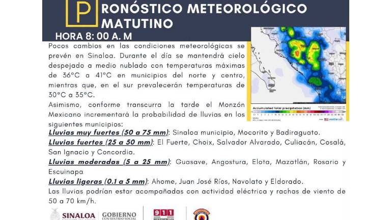 Autoridades alertan por lluvias intensas, tormentas eléctricas y fuertes rachas de viento en distintas regiones de Sinaloa debido al Monzón Mexicano.