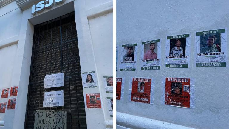 Manifestantes intervinieron la fachada del Instituto Sinaloense de la Juventud con consignas y fichas de personas desaparecidas.