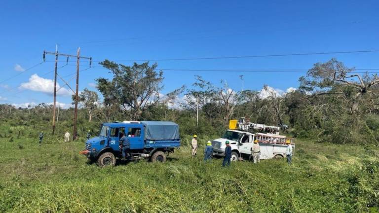 Trabajadores de la CFE continúan realizando labores para restablecer el servicio de energía eléctrica en la zona afectada por el huracán Roslyn.