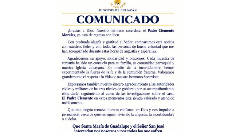 La Iglesia católica también reconoció las muestras de solidaridad y las oraciones de los fieles durante las horas de incertidumbre por el paradero del párroco.