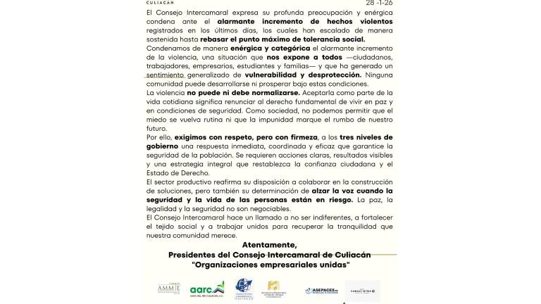 El Consejo Intercamaral emitió un posicionamiento tras el reciente repunte de hechos violentos en Sinaloa y el atentado contra diputados locales.