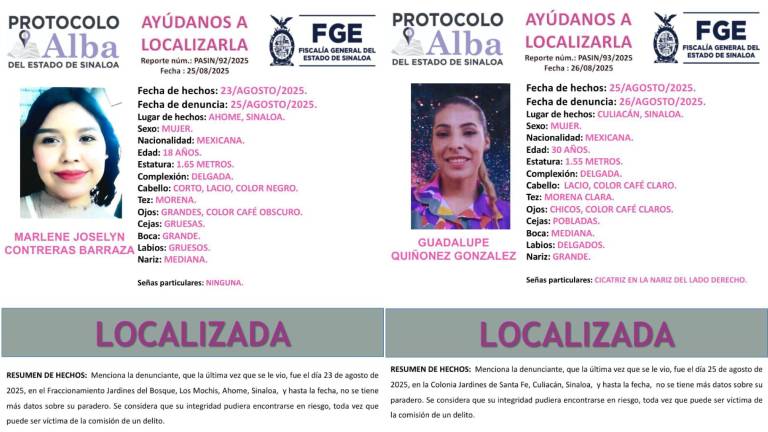 La Fiscalía de Sinaloa informó que fueron encontradas Marlene Joselyn, de 18 años; y Guadalupe, de 30 años.