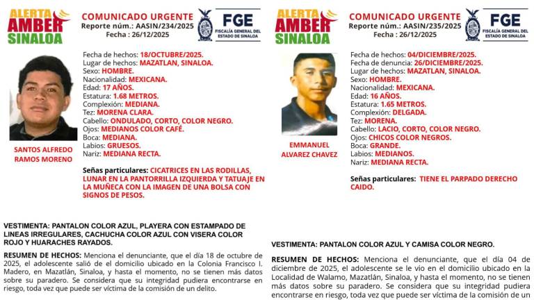 Dos fichas de Alerta Amber fueron activadas para la localización de Santos Alfredo Ramos y Emmanuel Álvarez, menores desaparecidos en Mazatlán.