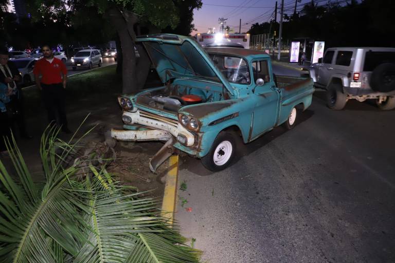 Camioneta choca y derriba palmera frente al Parque Central en Mazatlán