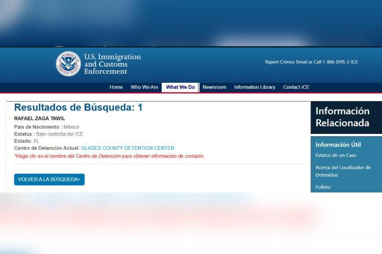 Zaga Tawil aparece en el buscador de ICE con el estatus de “bajo custodia” en el Centro de Detenciones del Condado de Glades, en Florida.
