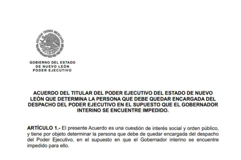 $!Samuel García publica acuerdo para dejar como encargado de despacho de Nuevo León al secretario de Gobierno