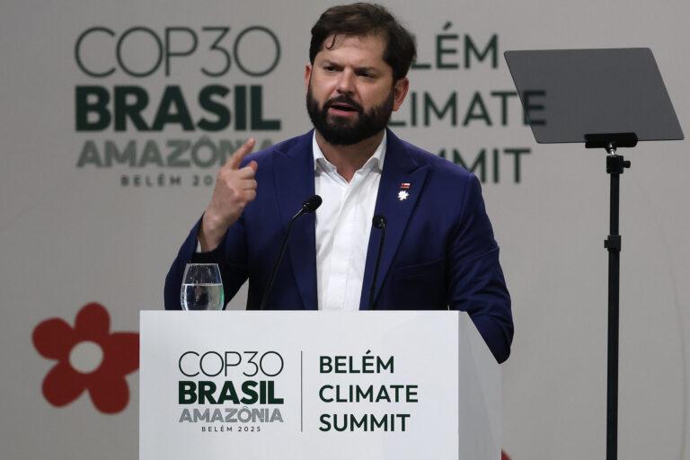 $!El Presidente de Chile, Gabriel Boric, durante su intervención en la Cumbre de Líderes de la COP30.