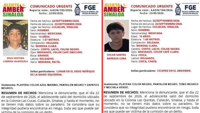 La Fiscalía de Sinaloa activó el protocolo de Alerta Amber para la localización de los menores.