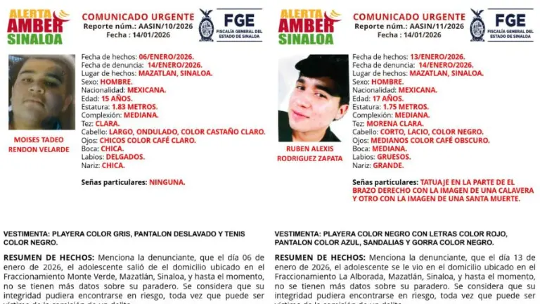 La Fiscalía de Sinaloa activó dos Alertas Amber para la localización de dos jóvenes desaparecidos en Mazatlán.