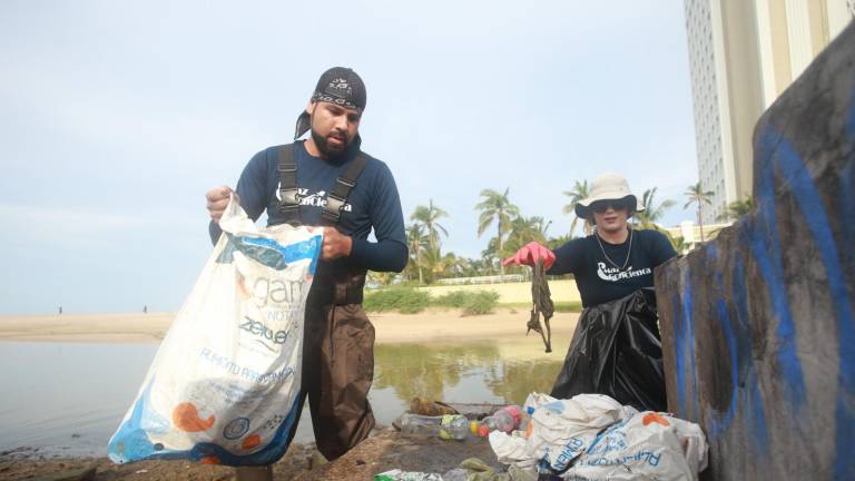 Voluntarios de MazConciencia recogen desechos que se acumulan en el Estero del Yugo, al norte de Mazatlán.
