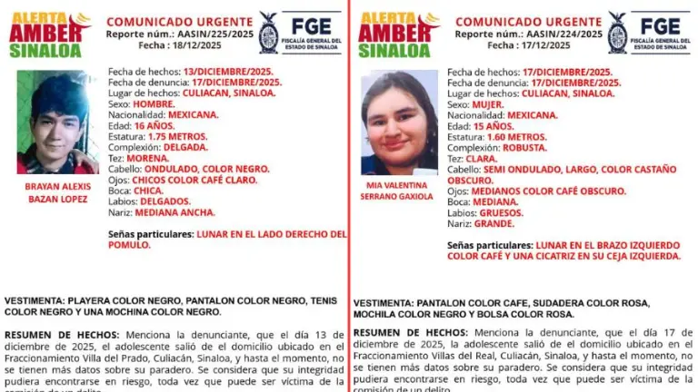 La FGE activó dos Alertas Amber para la localización de Bryan Alexis y Mia Valentina desaparecidos en Culiacán.
