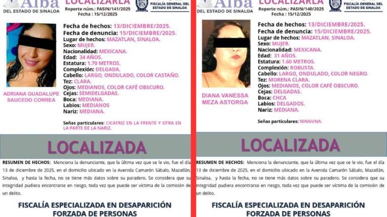 Fiscalía desactivó fichas de Protocolo Alba tras localizar con vida a dos mujeres en Mazatlán.