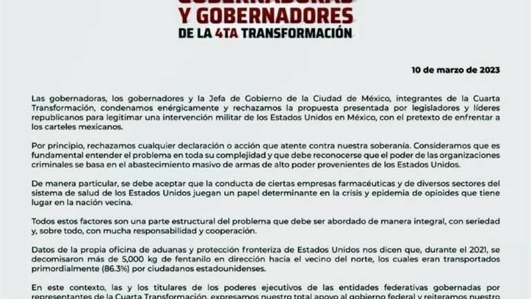 ‘Gobernadoras y Gobernadores de la 4ta Transformación’ firmaron el desplegado.