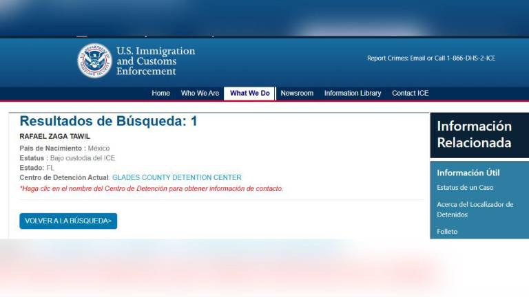 Zaga Tawil aparece en el buscador de ICE con el estatus de “bajo custodia” en el Centro de Detenciones del Condado de Glades, en Florida.