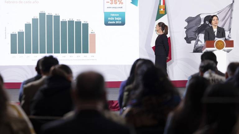 Cuauhtémoc, Ciudad de México. 10 de marzo 2026. La presidenta constitucional de los Estados Unidos Mexicanos, la Doctora Claudia Sheinbaum Pardo en conferencia de prensa matutina en el salón de la Tesorería de Palacio Nacional. La acompañan: Rosa Icela Rodríguez Velázquez, secretaria de Gobernación; Omar García Harfuch, secretario de Seguridad y Protección Ciudadana; Ricardo Trevilla Trejo, secretario de la Defensa Nacional; Raymundo Pedro Morales, secretario de Marina; Marcela Figueroa Franco, secretaria ejecutiva del Sistema Nacional de Seguridad Pública (SESNSP); Guillermo Briseño Lobera, comandante de la Guardia Nacional. Foto: Gabriel MonroyPresidencia