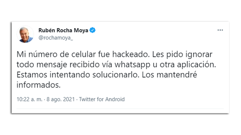 Hackean celular de Rubén Rocha Moya, Gobernador electo de Sinaloa
