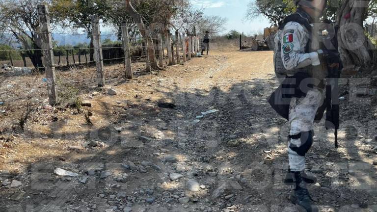 Personal de seguridad federal mantiene en resguardo el predio donde localizaron una fosa con 10 cuerpos, cerca de El Verde, Concordia.