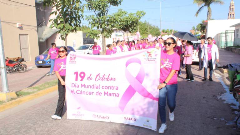 Los participantes de la marcha usaron playeras rosas, un moño grande símbolo de la lucha y portaron pancartas.