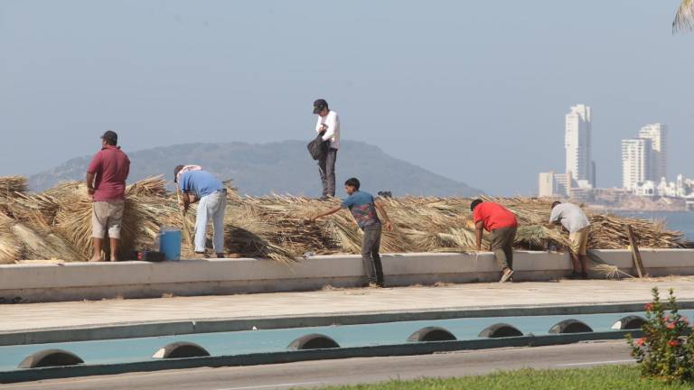Trabajadores continúan en la construcción de la palapa.