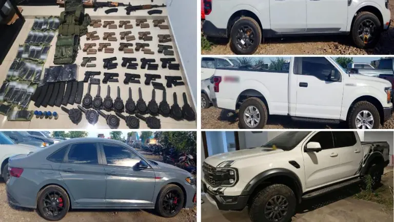 Un arsenal y vehículos fueron asegurados durante el cateo en una vivienda del fraccionamiento Portalegre VI.